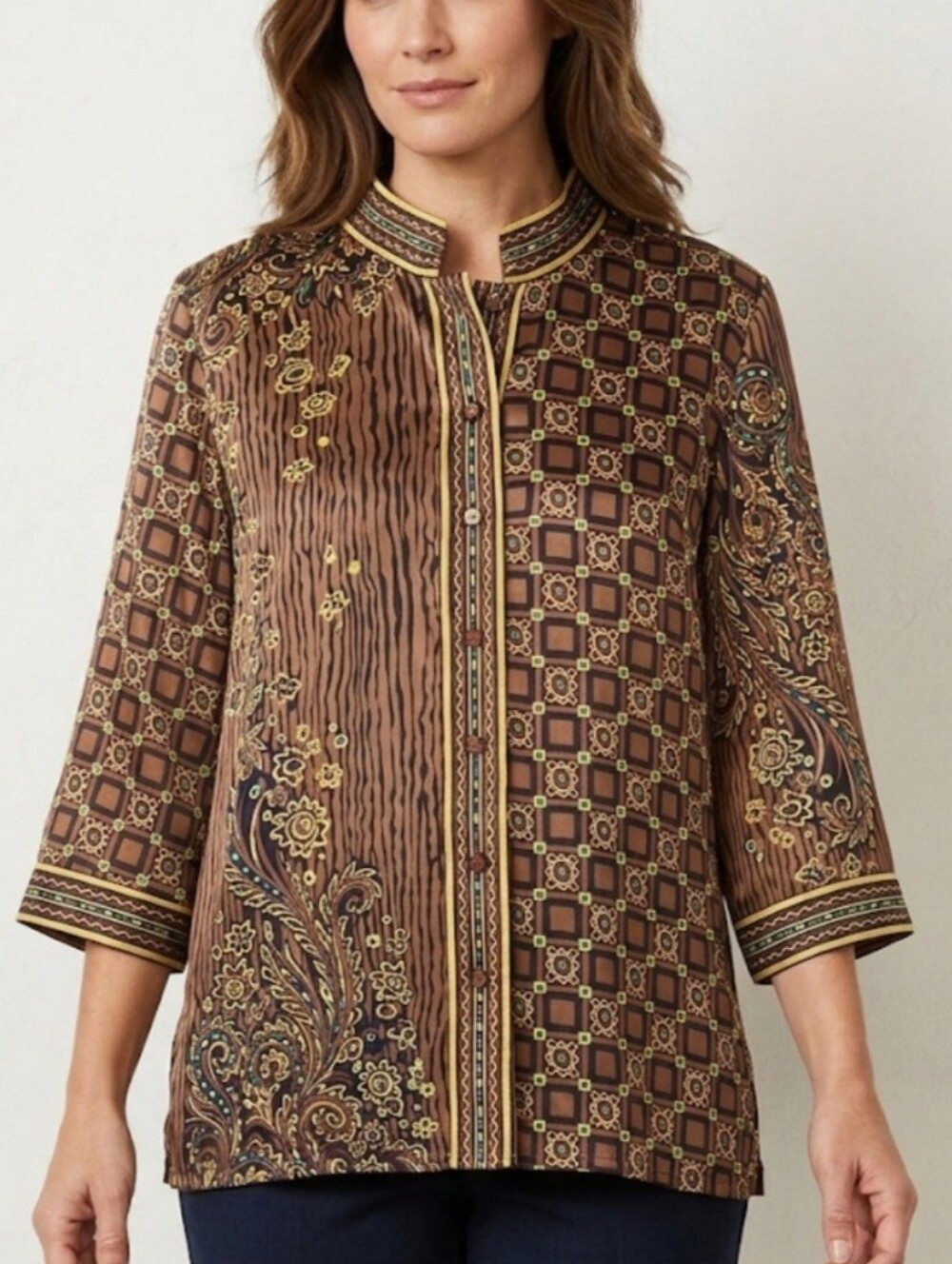 Bob Mackie Brown and Gold Printed Mandarin-Collar Tunic